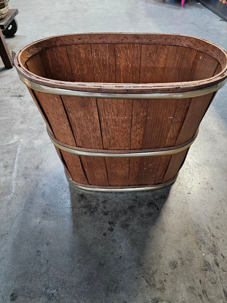 Vintage Stave Basket, umbrella Wooden Basket with Metal Bands label