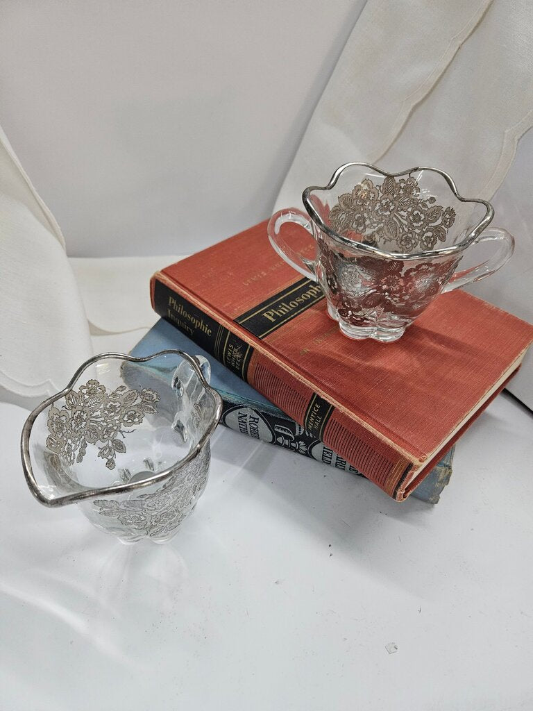 Vintage Glass Creamer & Sugar Bowl Set with Silver Overlay FLOWERS label
