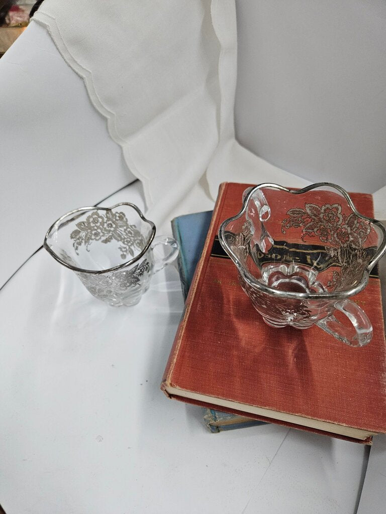 Vintage Glass Creamer & Sugar Bowl Set with Silver Overlay FLOWERS label