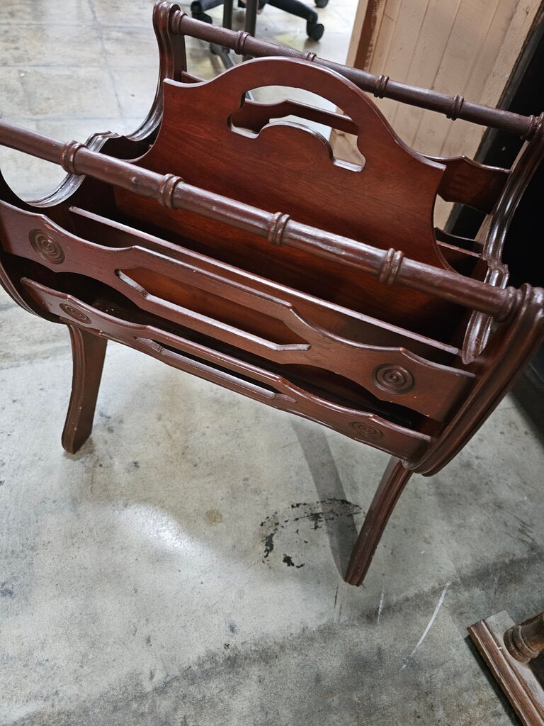 Vintage Mahogany/Cherry Wood Magazine Rack label