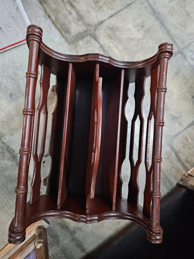 Vintage Mahogany/Cherry Wood Magazine Rack label