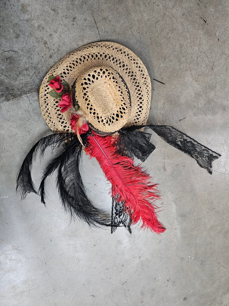 Vintage Straw Raffia Boater Hat Lace Flower Red Flowers and Feathers Paul harris Co CA Label