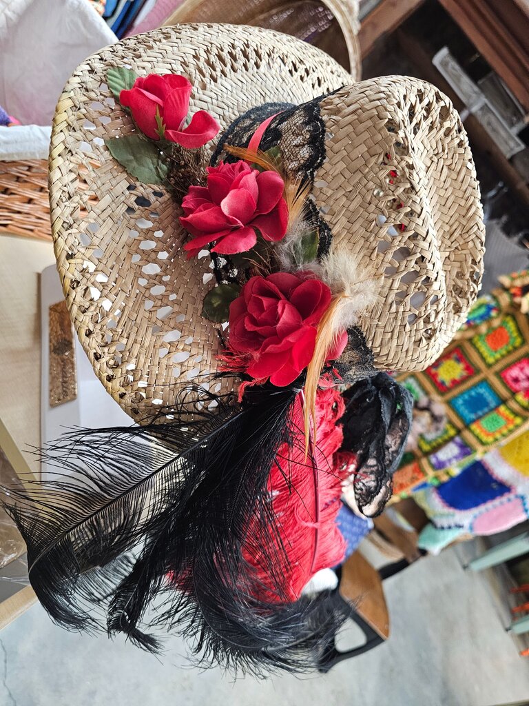 Vintage Straw Raffia Boater Hat Lace Flower Red Flowers and Feathers Paul harris Co CA Label