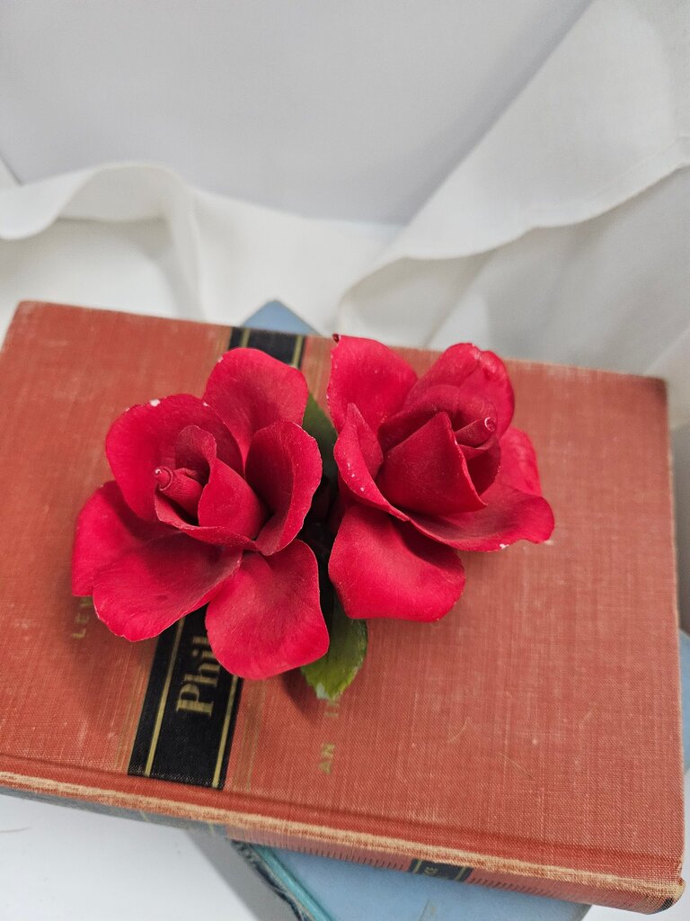 Napoleon Italy Capodimonte Dual Rose Flowers Sculpture ~ Shabby Chic Dark Pink, Fuchsia European Italian Hand Sculpted Floral Porcelain Art As Is Label