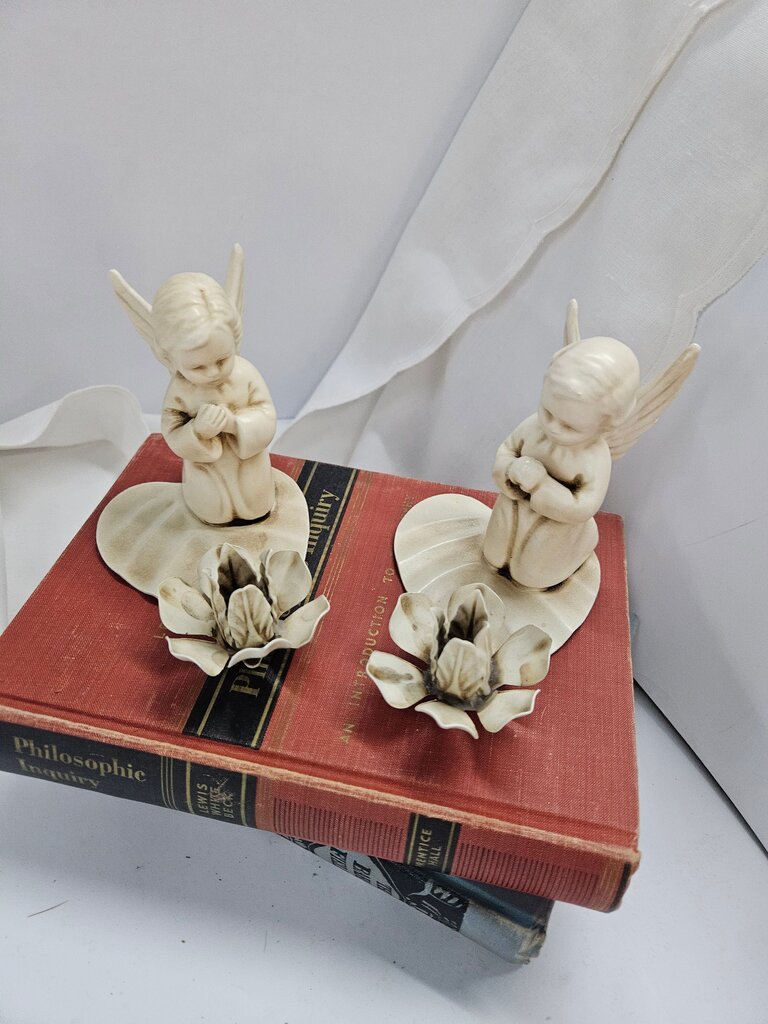 Pair of Praying Angel Figurines with Flower Bases label
