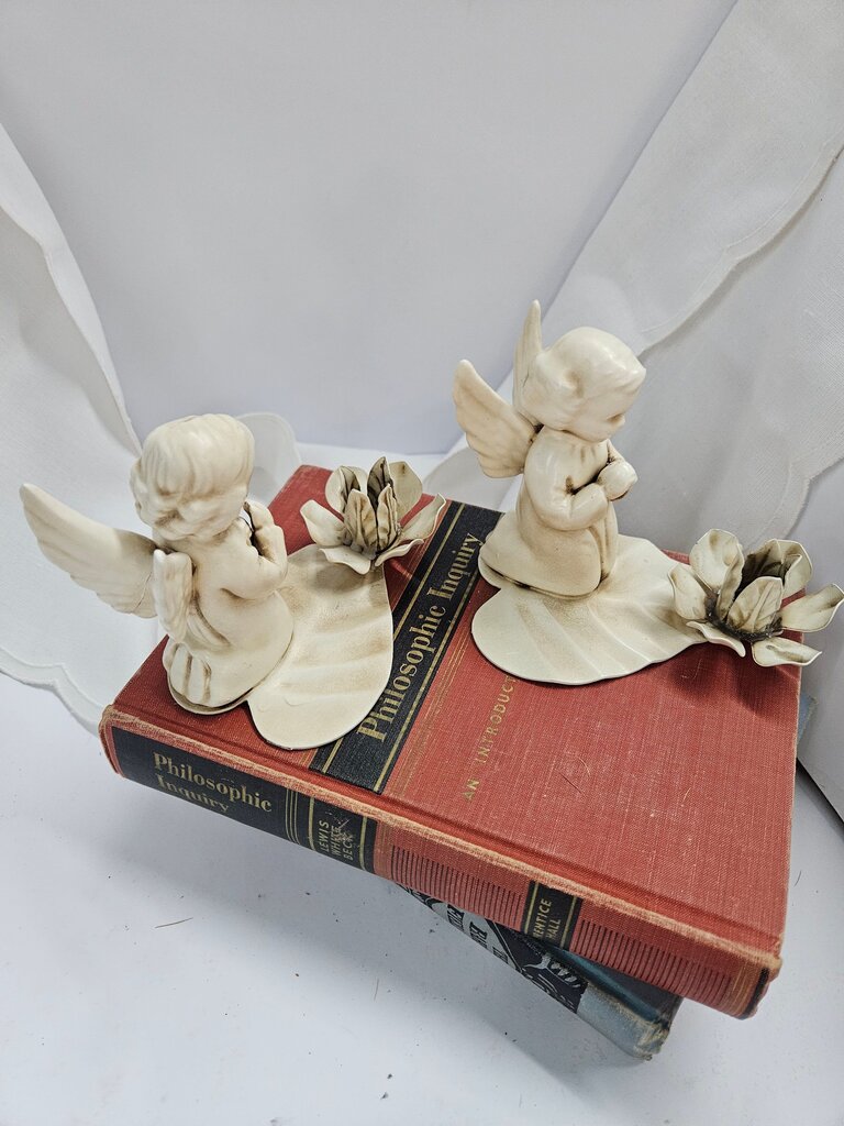 Pair of Praying Angel Figurines with Flower Bases label