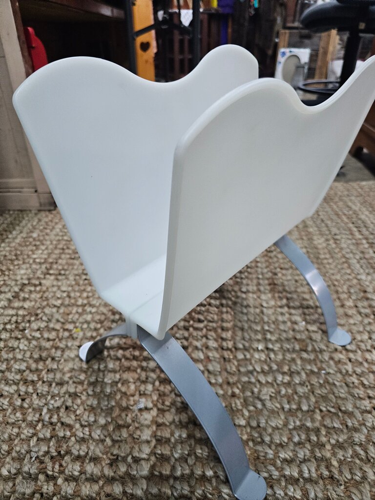 Vintage Ikea Collectable White Plastic Magazine Holder with Metal Legs label