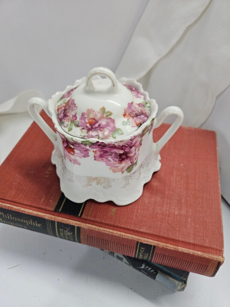 Floral Pattern Porcelain Sugar Bowl with Lid label