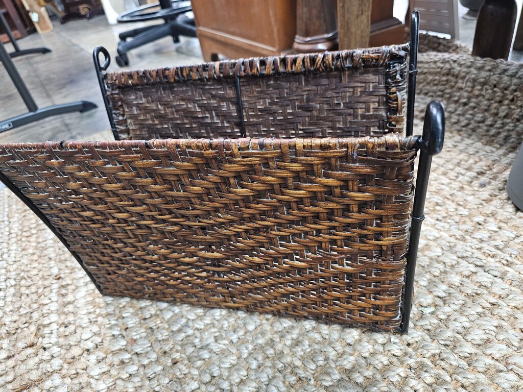 Vintage Magazine Rack Bronzed Metal Frame, Woven Rattan Panels label