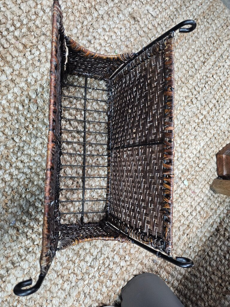 Vintage Magazine Rack Bronzed Metal Frame, Woven Rattan Panels label