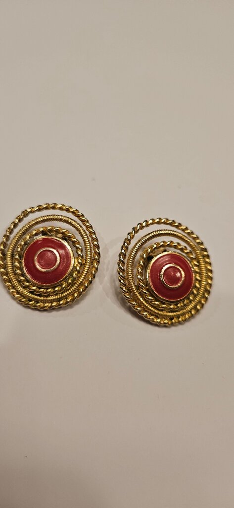 Vintage Gold and Red Circular Clip-On Earrings