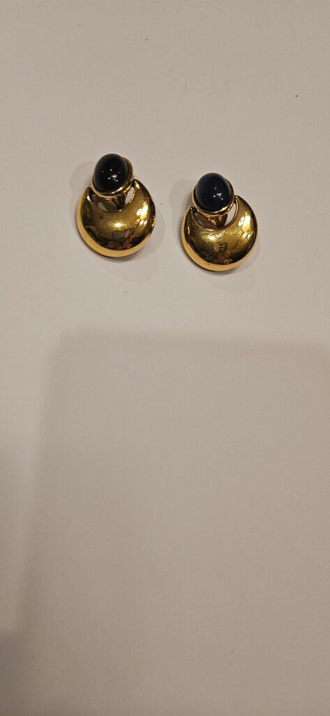 Vintage Gold Clip-On Earrings with Dark Blue Stone
