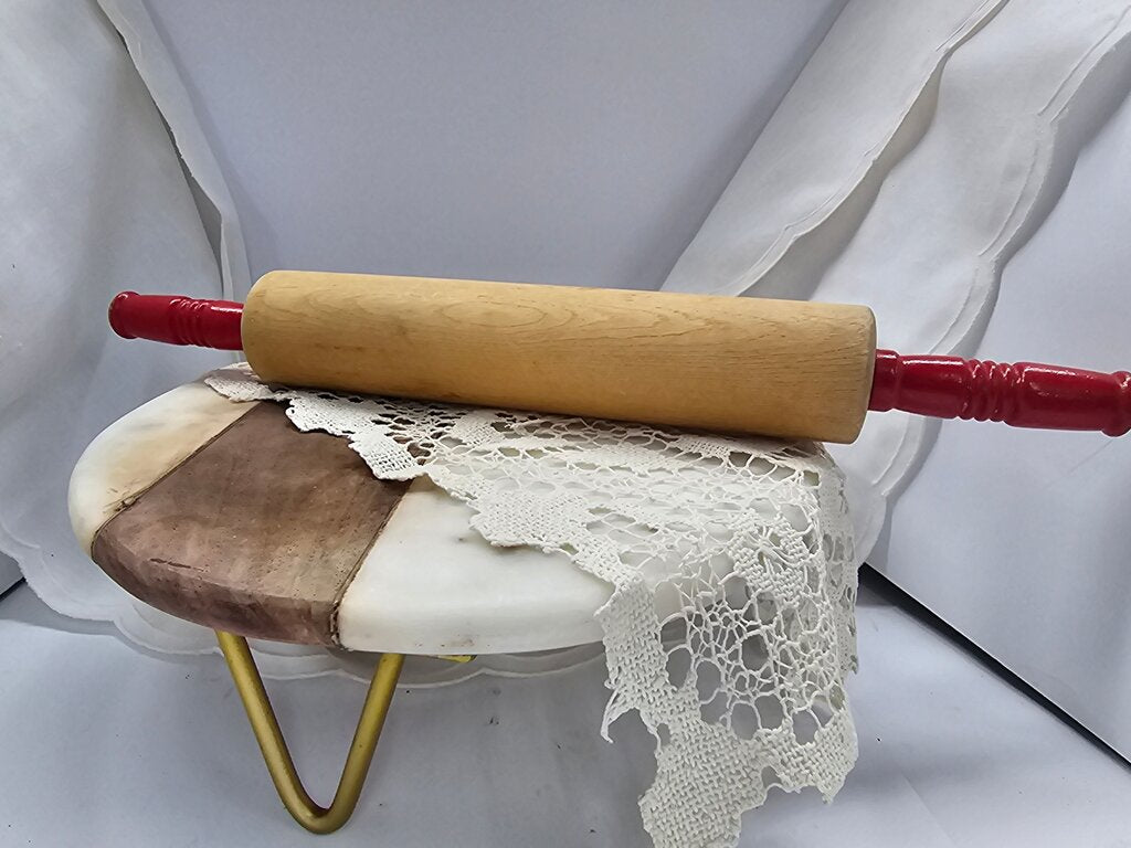Red Handled Rolling Pin - Vintage Housewares, Wooden Rolling Pin