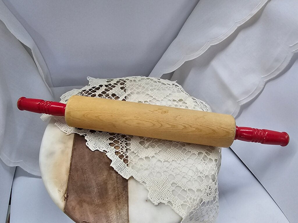 Red Handled Rolling Pin - Vintage Housewares, Wooden Rolling Pin