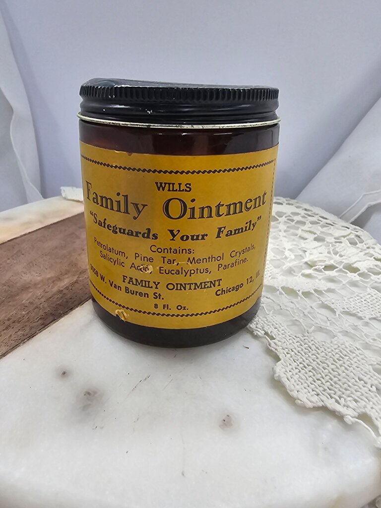 Vintage Salve Glass jar Paper Label Wills Family Ointment