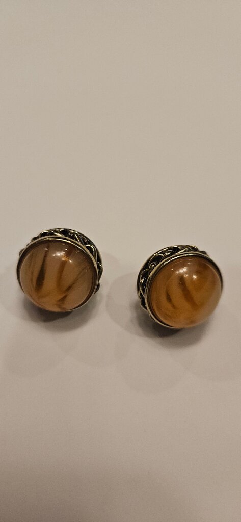 Vintage Gold Tone Clip-On Earrings with Amber Stripes