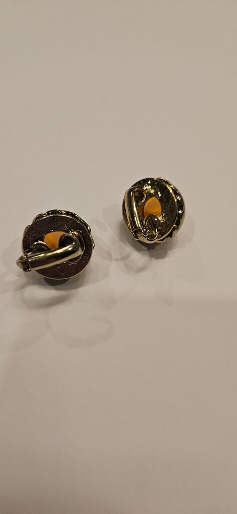 Vintage Gold Tone Clip-On Earrings with Amber Stripes