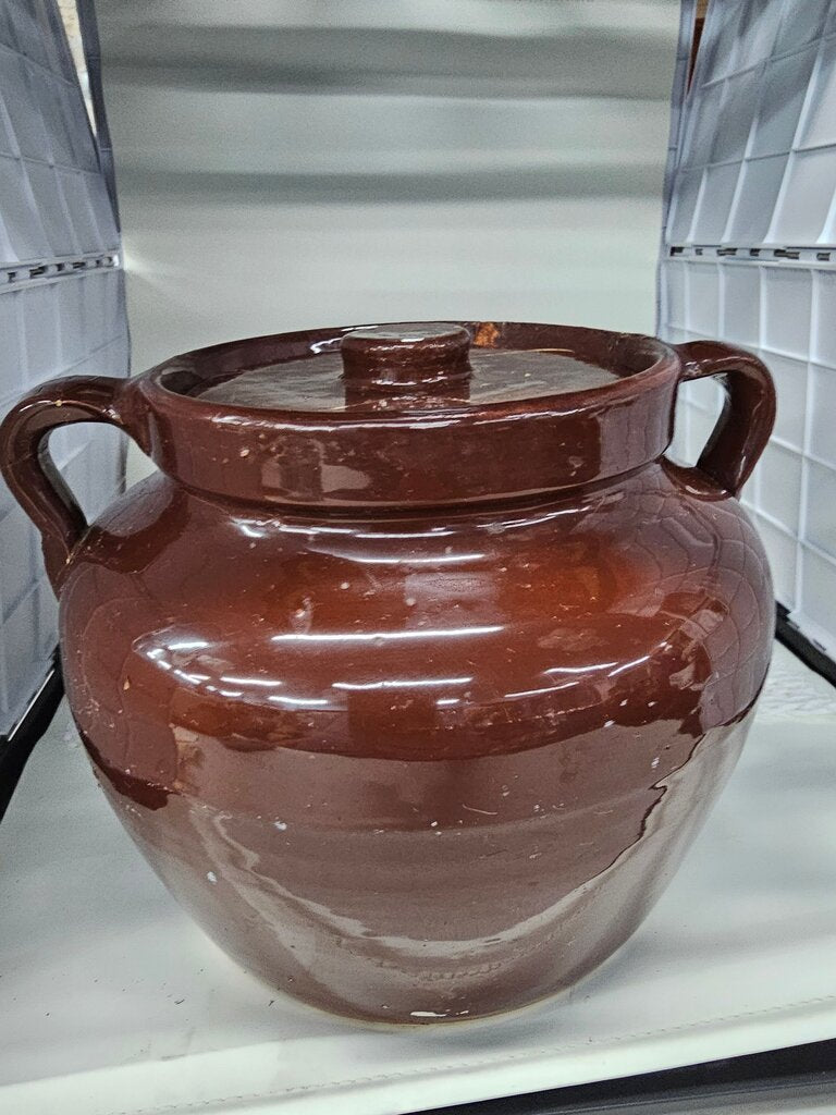 Large Brown Pottery Jar with Lid As Is label