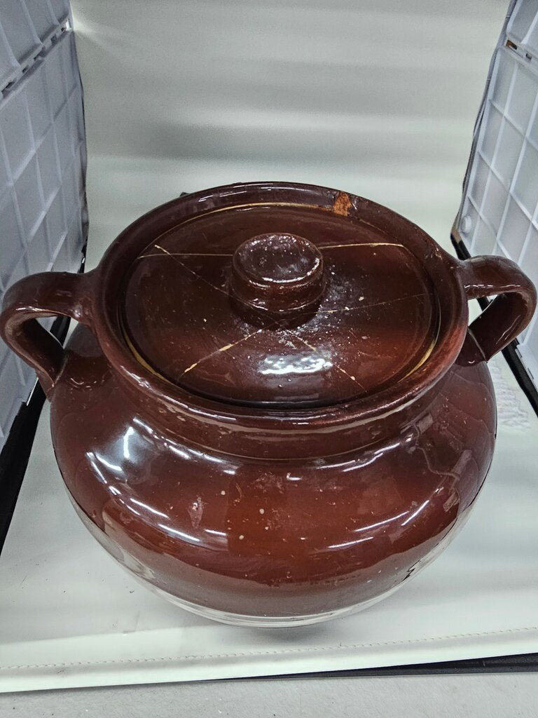 Large Brown Pottery Jar with Lid As Is label