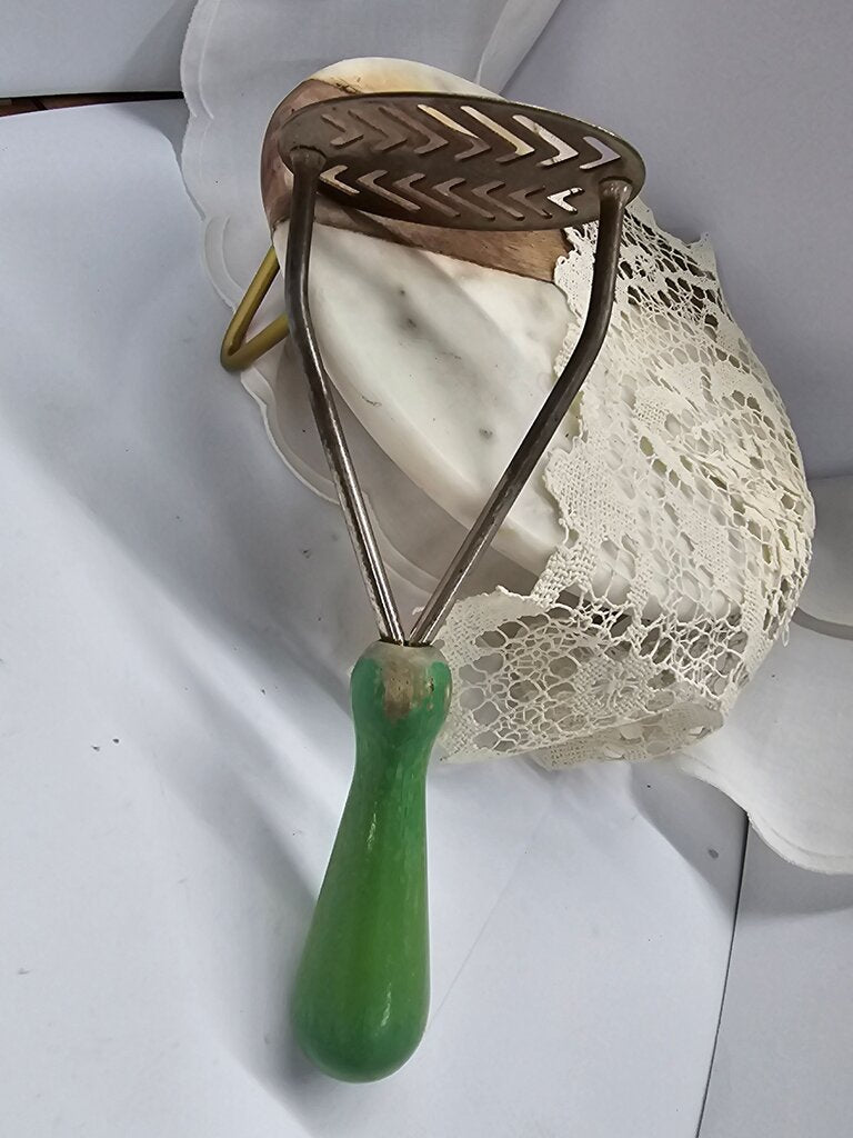 Vintage Green Chippy Handle Potato Masher, Antique Kitchen Gadget, farmhouse Kitchenware