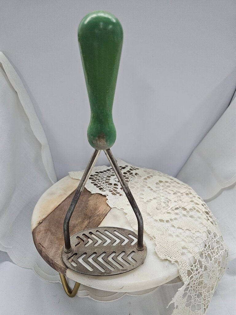 Vintage Green Chippy Handle Potato Masher, Antique Kitchen Gadget, farmhouse Kitchenware