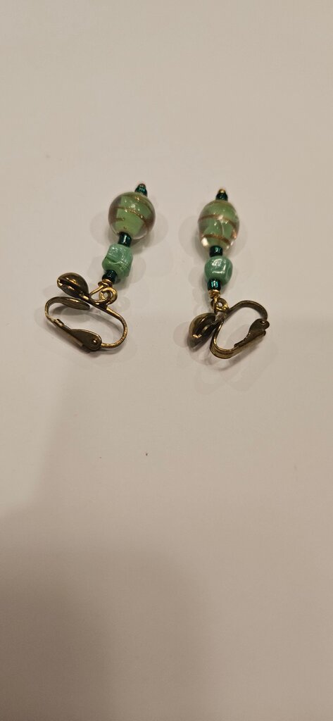 Vintage Green Beaded Clip-On Earrings