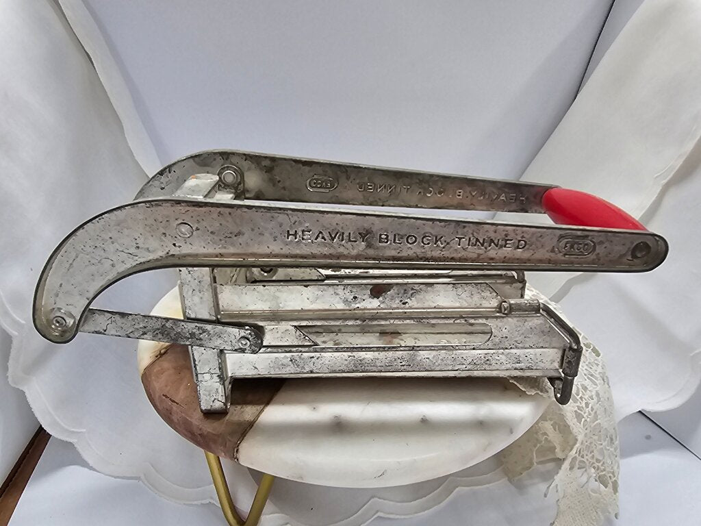 Vintage Ekco Table Top French Fry Potato Cutter Metal Red wood handle Slicing Tool