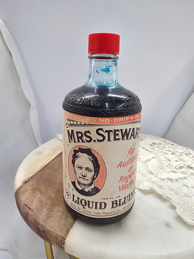 vintage Mrs. Stewart's Liquid Bluing No Drip Liquid Bluing Embossed Glass Bottle 1969