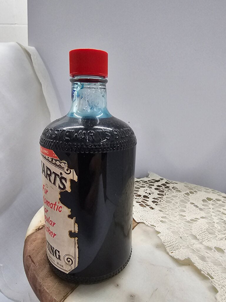 vintage Mrs. Stewart's Liquid Bluing No Drip Liquid Bluing Embossed Glass Bottle 1969