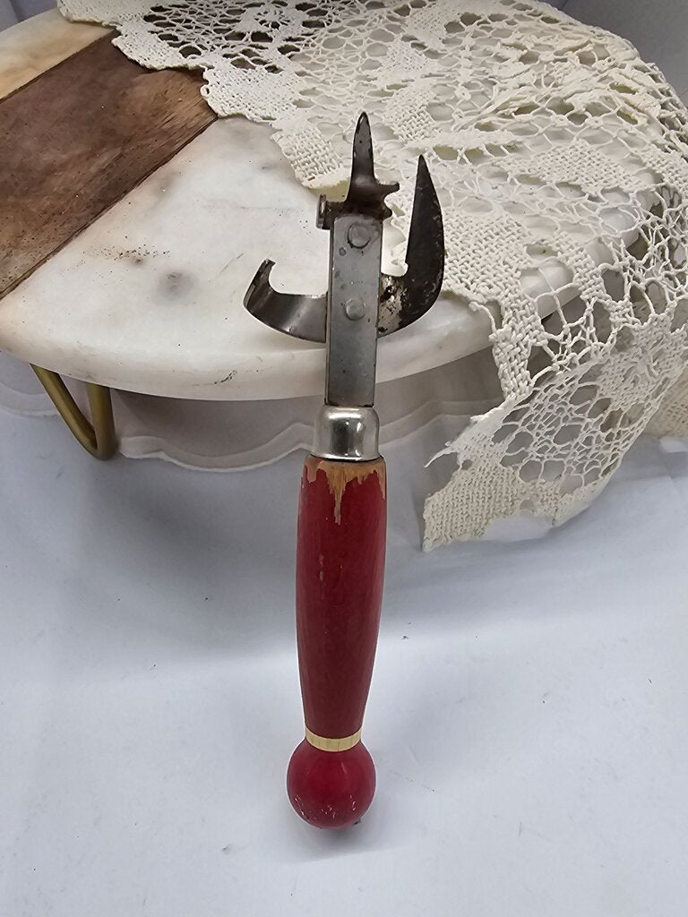 Vintage Wood Handled Can And Bottle Opener A&J By Ekco Tempered Steel Good Condition 1950's Camping Utensil