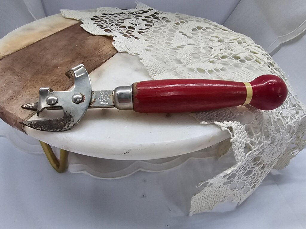 Vintage Wood Handled Can And Bottle Opener A&J By Ekco Tempered Steel Good Condition 1950's Camping Utensil