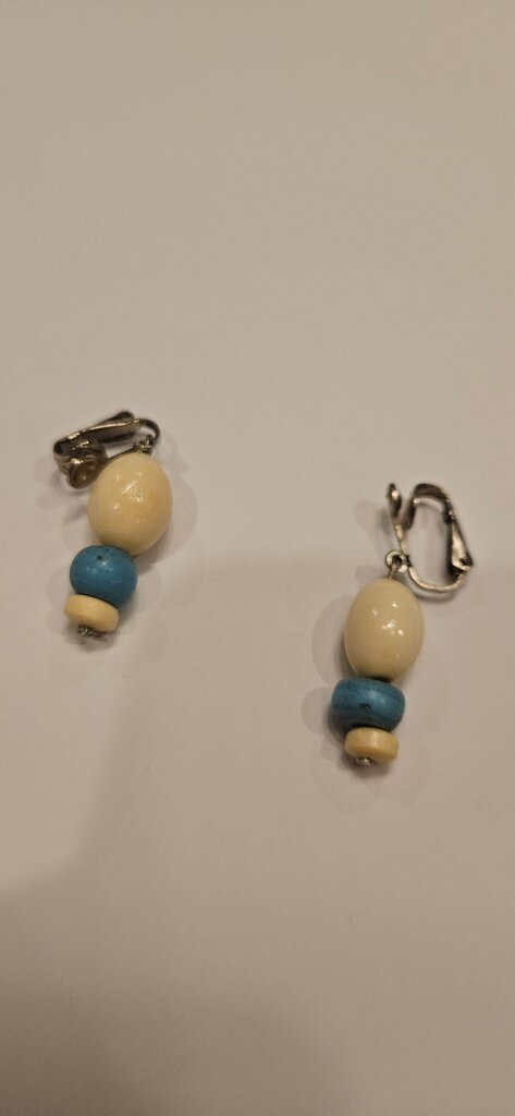 Vintage Clip-On Earrings with Blue and Cream Beads