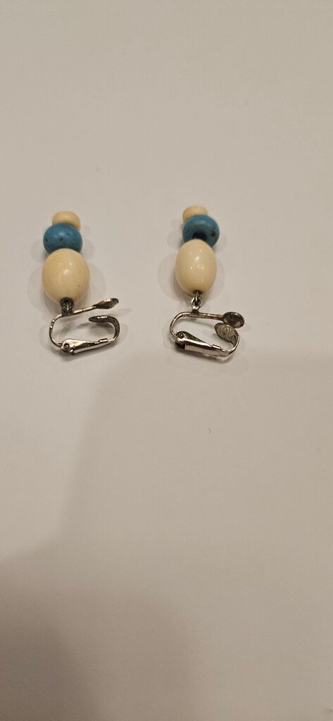 Vintage Clip-On Earrings with Blue and Cream Beads