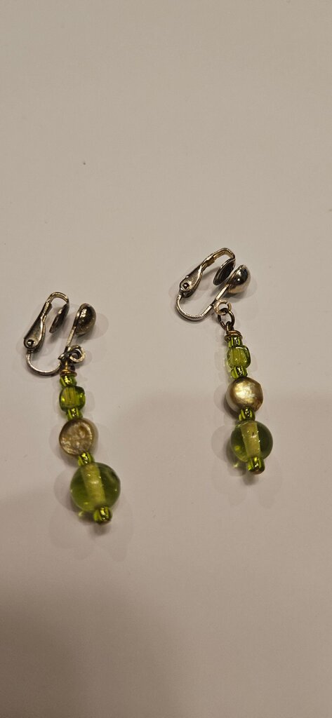 Green Beaded Clip-On Earrings