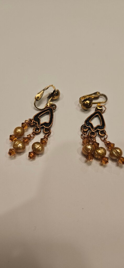 Vintage Heart Shaped Dangle Earrings with Pearl and Crystal Accents
