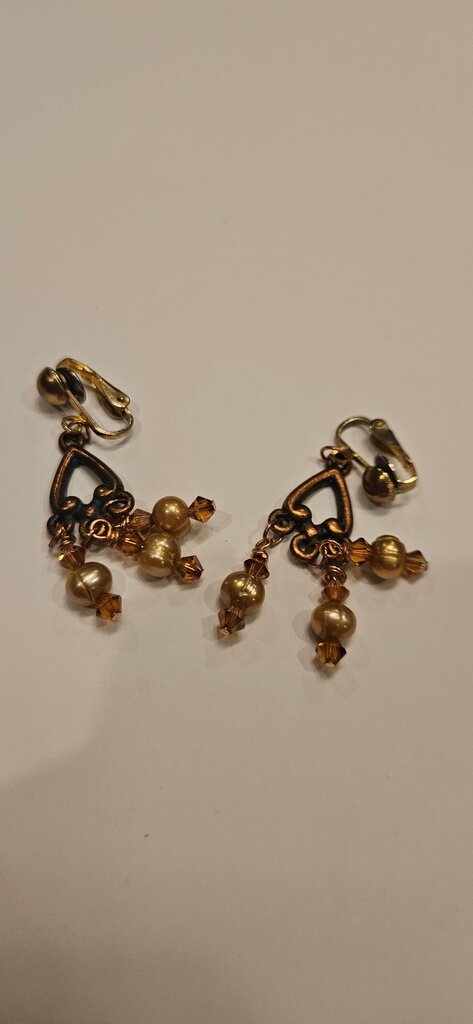 Vintage Heart Shaped Dangle Earrings with Pearl and Crystal Accents