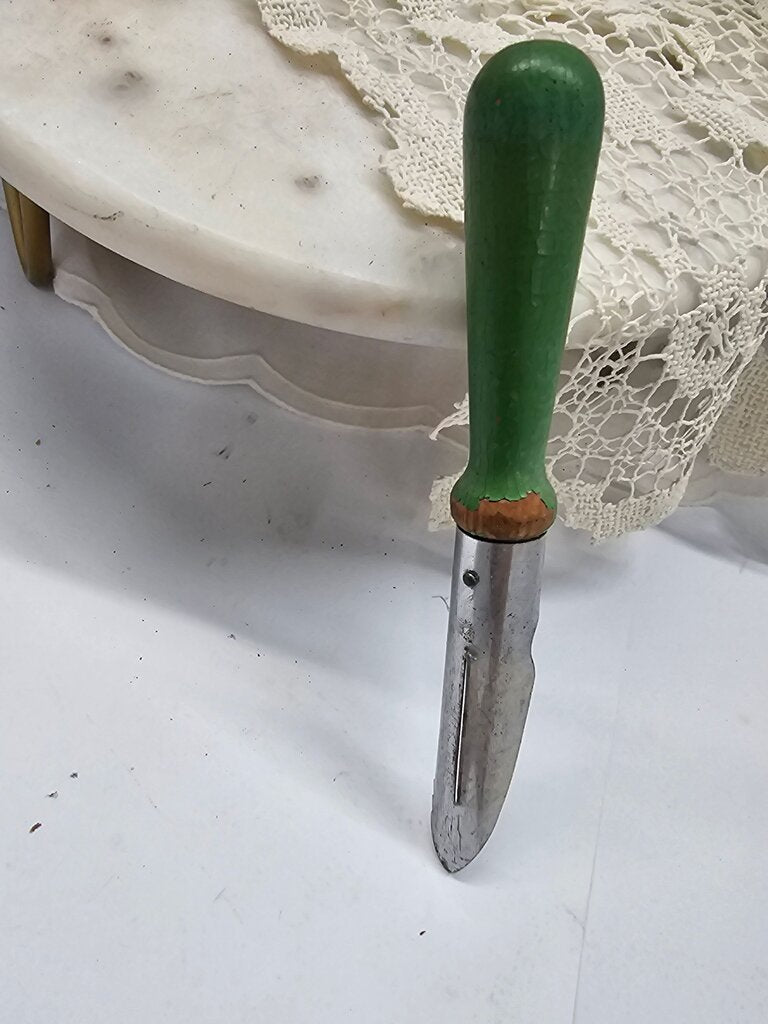 Antique Green wooden handle vegetable peeler, fish scaler, paring knife. Vintage, Rustic, primitive, country farmhouse kitchen tool, scraper