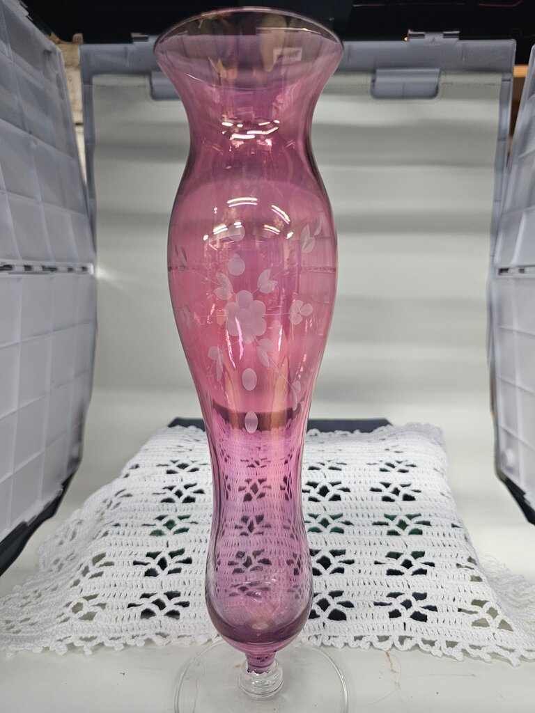 vintage Cranberry Ruby Flash Glass Flower Vase Stemmed Etched Floral