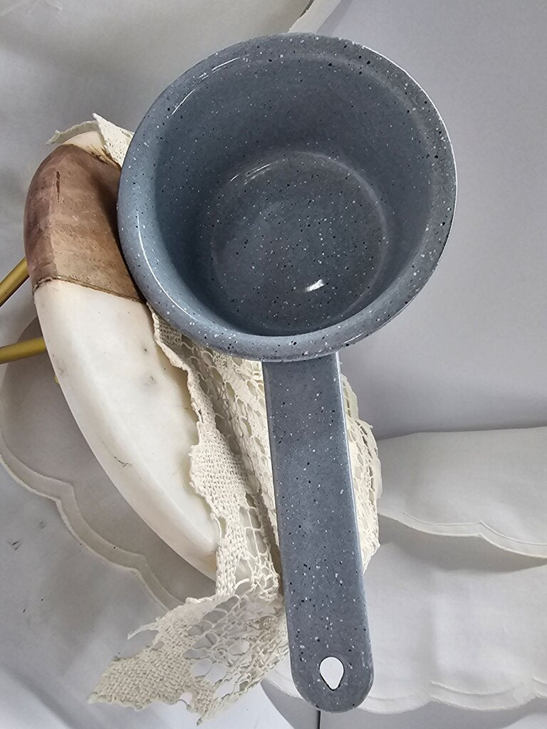 Graniteware, vintage enamel bowl, French kitchen, speckled enamelware, saucepan farm country cookware, gray, grey