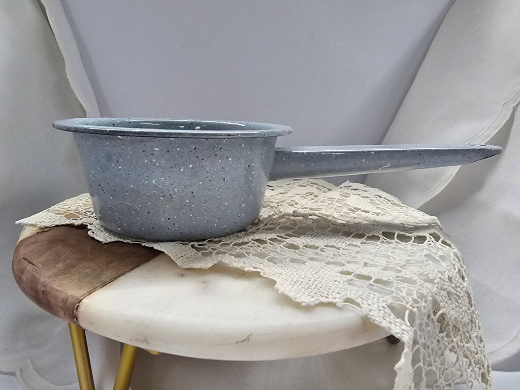 Graniteware, vintage enamel bowl, French kitchen, speckled enamelware, saucepan farm country cookware, gray, grey