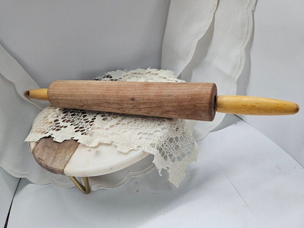 Vintage Wood Rolling Pin With Smooth Handles on Ends. Wooden Rolling Pin Ready for Pie and Cookie Making. Hole in Handle to Hang.