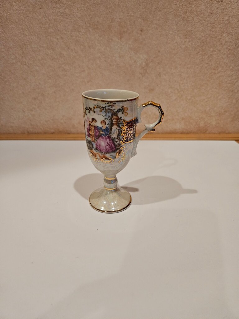 Set of Vintage Footed Porcelain Mug with Gold Trim and Decorative Scenes