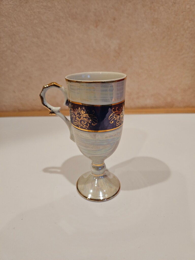 Set of Vintage Footed Porcelain Mug with Gold Trim and Decorative Scenes