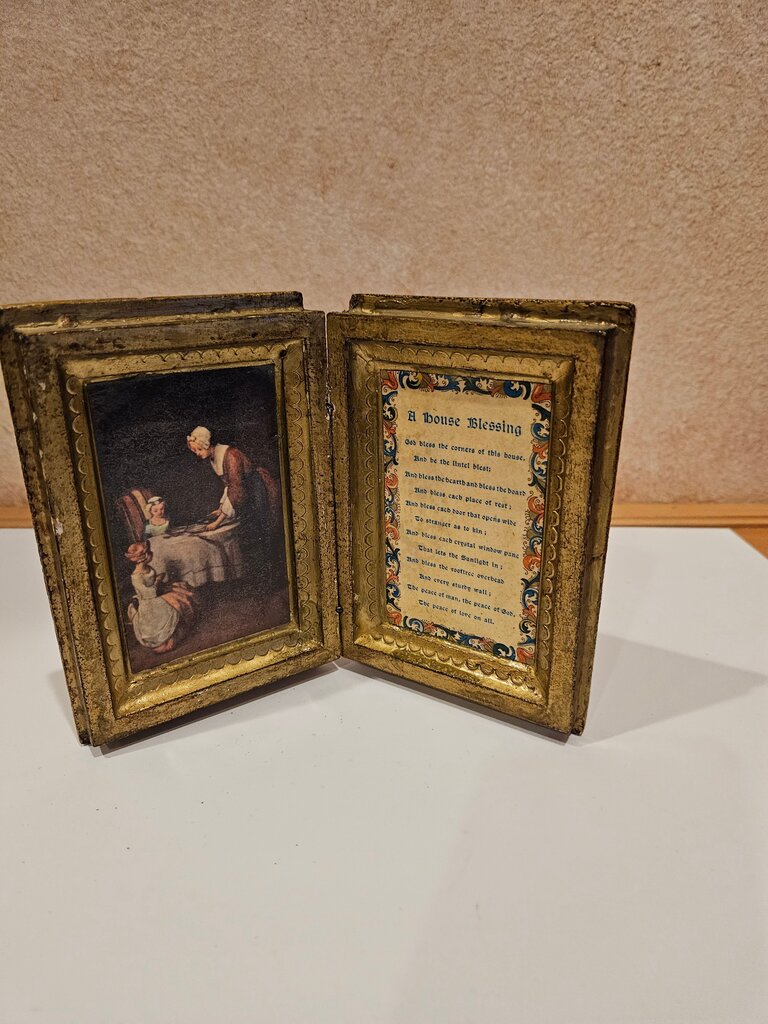 Italian Florentine Wood Gold Gilt Hinged Prayer Book Religious Icon with Irish "A House Blessing"