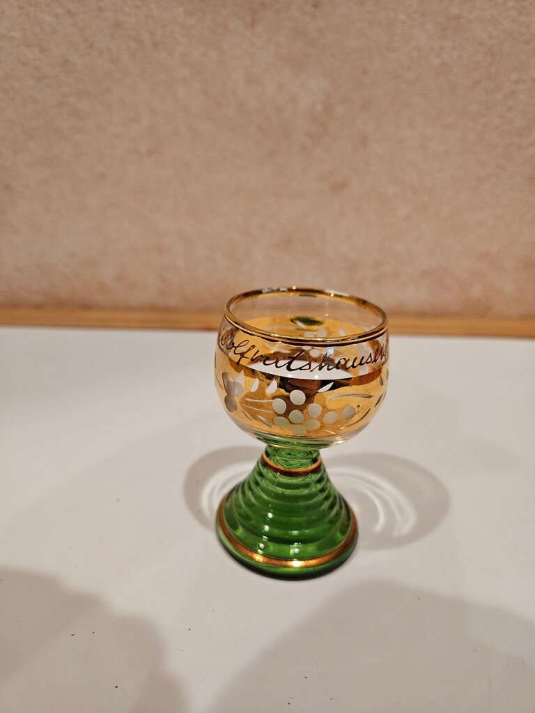 Gold Painted Roemer Wine Glasses Green Foot German City Roemer Moselle Glasses Vintage Green