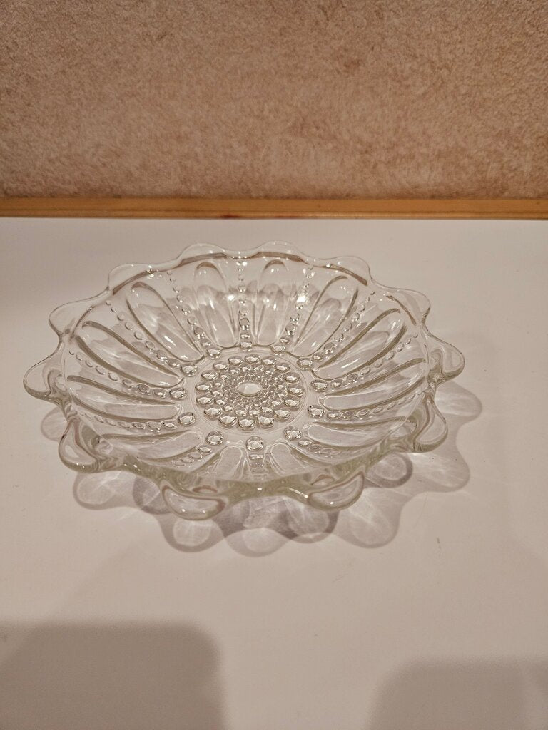 Vtg CLEAR GLASS BUBBLE LINES DOTS BOWL Small Candy Dish Scalloped Rim Edge
