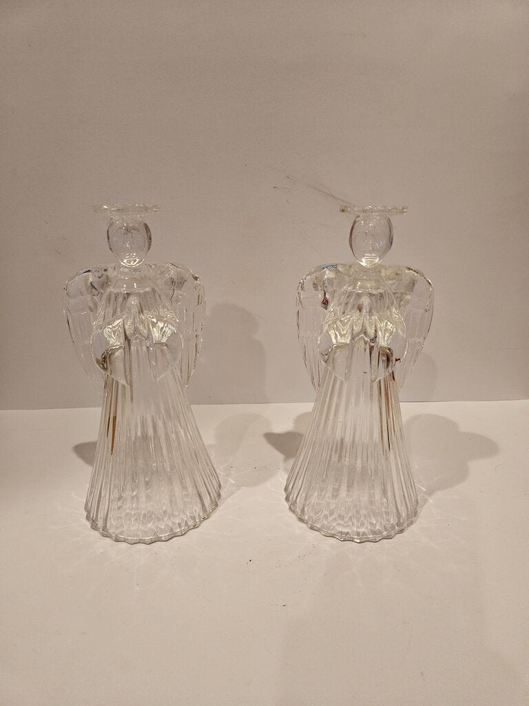 Set Of 2 Vintage Clear Glass Crystal Praying Angel Candlestick Holder Figurine