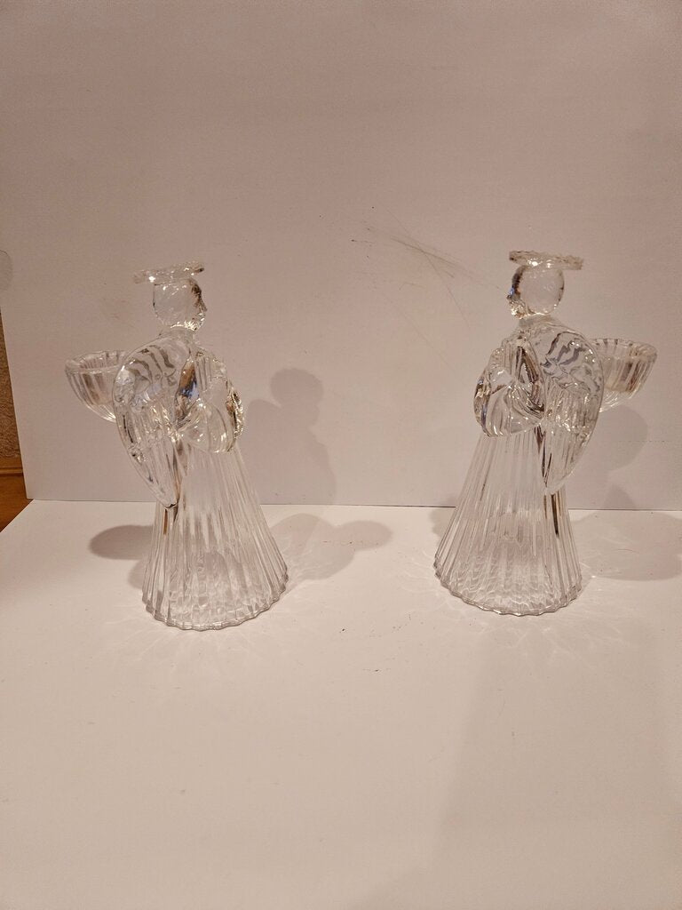 Set Of 2 Vintage Clear Glass Crystal Praying Angel Candlestick Holder Figurine
