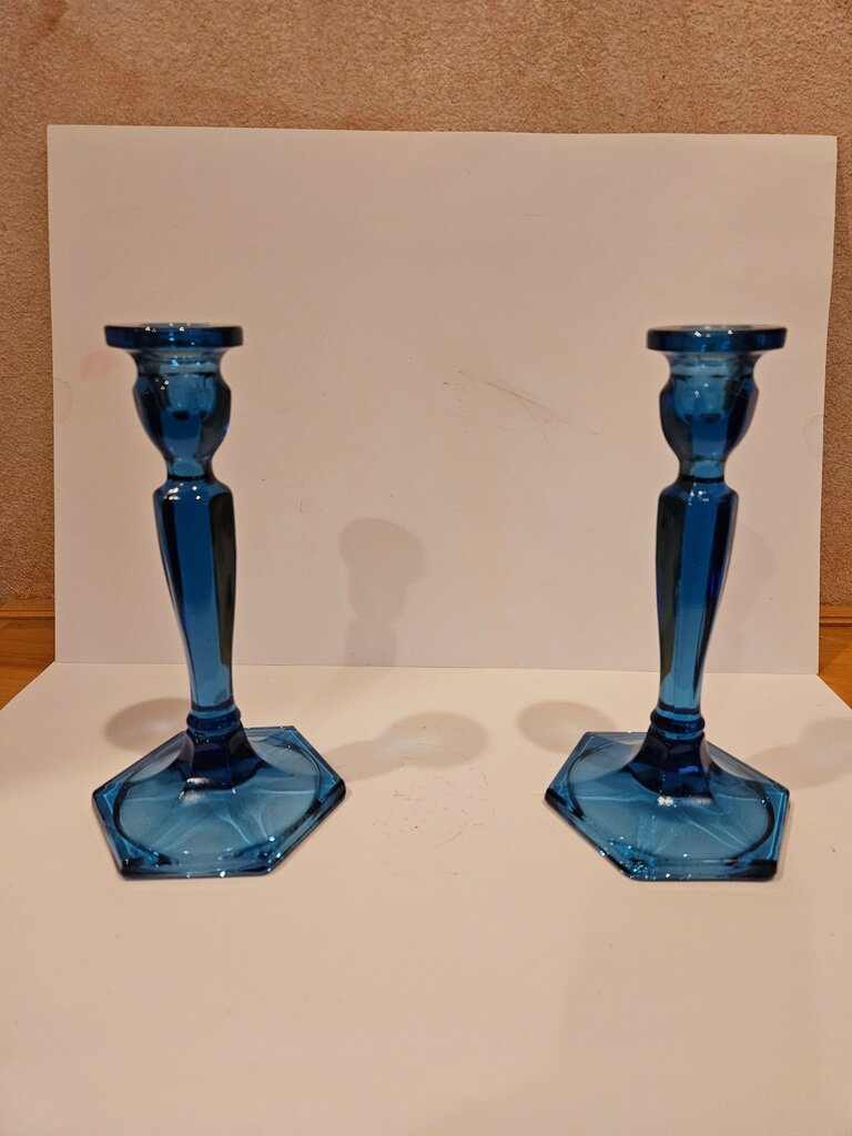 Pair of Fenton Sapphire Blue Glass Candlestick Holders | 2 Vintage Hexagon Base Candlesticks | Collectible Elegant Glass