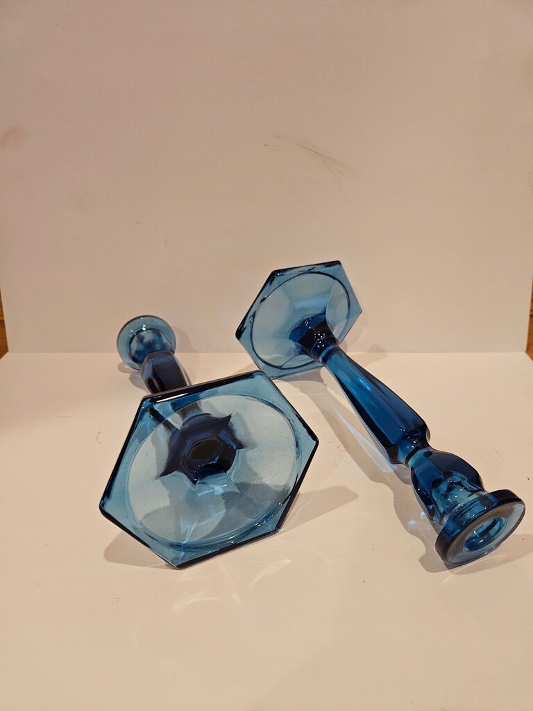 Pair of Fenton Sapphire Blue Glass Candlestick Holders | 2 Vintage Hexagon Base Candlesticks | Collectible Elegant Glass